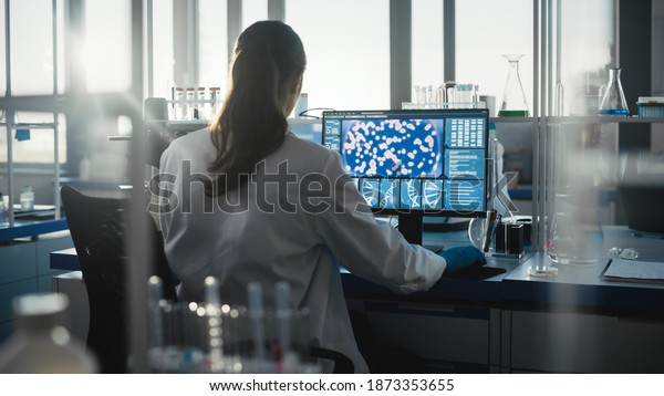 Medical\
Science Laboratory with Diverse Team of Professional Biotechnology\
Scientists Developing Drugs, Female Biochemist Working on Computer\
Showing Gene Therapy Interface. Back view\
Shot