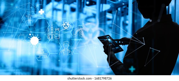 Medical Science Nurse Working With Modern Computer In The Laboratory With A Biological AR For Analysis And Sampling Of Covid-19 Infectious Disease.