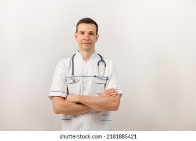 Medical Services. Male Surgeon. Portrait Of A Young Doctor With A Stethoscope. Copy Space.