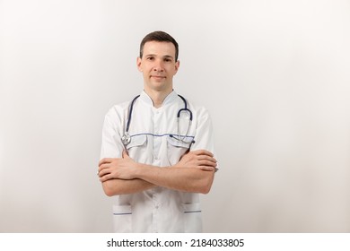 Medical Services. Male Surgeon. Portrait Of A Young Doctor With A Stethoscope. Copy Space.