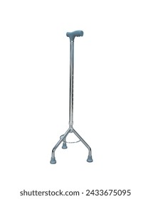 Medical silver tripod cane walking stick, healthcare tools and equipment for disabled, patients, elderly that are unable to walk, metal walker extendable frame. transparent isolated PNG 