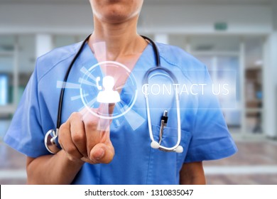 Medical sister touching contact us  button with text as phone assistance futuristic concept