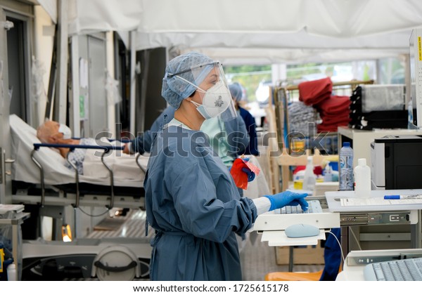 Medical staff work at the Triage of the \
University Hospital of Liege with few patients with suspected\
symptoms of Coronavirus in Belgium on May 5th,\
2020.
