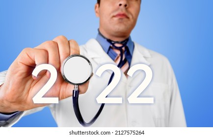 Medical Stethoscope With 2022 Number On Background. Happy New Year For Healthcare,