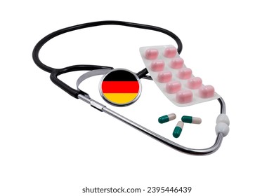 Medical stethoscope with a head in the shape of a German flag and pills isolated on a white background. Concept of medical diagnostics and German healthcare system - Shutterstock ID 2395446439