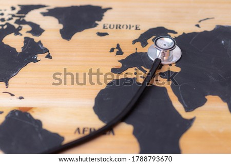 Medical stethoscope over europe healthcheck. Medical concept tourism travel care diseases healthy, close up.