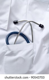 A Medical Stethoscope In The Pocket Of An Overall, Closeup