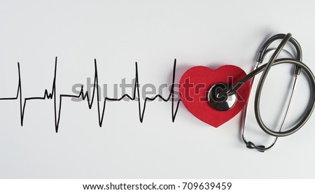 Medical stethoscope and red heart with cardiogram isolated on white. Cardiac therapeutics assistance, pulse beat measure document, arrhythmia pacemaker medical healthcare concept