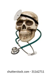 Medical Stethoscope Used To Listen To Heart Beats And A Reflector On A Skull To Represent Doctor Skull - Path Included