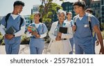 Medical student, happy and professor with people in outdoor for college, healthcare and teacher. Scholarship, internship and doctors with students on hospital campus for assignment and education