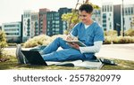 Medical student, laptop and writing with man in outdoor for college, healthcare and research. Scholarship, internship and doctors with person on hospital campus for assignment, study and education.