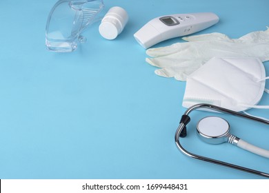 Medical Supplies In Blue Background, Medical Concept