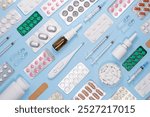 Medical Supplies Flat Lay. Medical background. Stock photo.