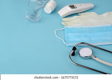  Medical Supplies On Blue Background, Medical Concept