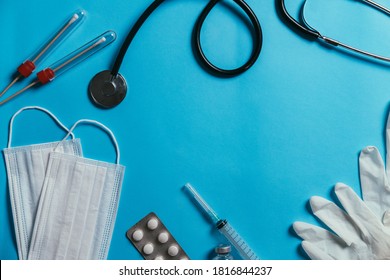 Medical Supplies On Blue Background Stock Stock Photo 1816844237 ...