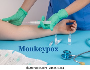 Medical supplies on a blue background. Monkeypox infections concept. Making the smallpox vaccine - Shutterstock ID 2158541861