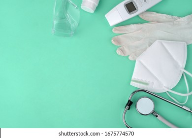  Medical Supplies On Green Background, Medical Concept