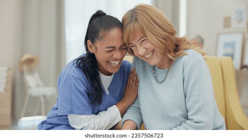 Medical, support and laugh with nurse with old woman on sofa for empathy, volunteer and trust. Healthcare, retirement and rehabilitation with senior patient and caregiver in nursing home for healing - Powered by Shutterstock