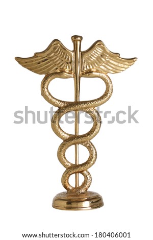 Medical symbol, caduceus cut out on white background