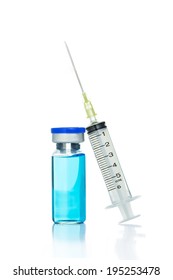 Medical Syringe and blue ampule isolated on white background