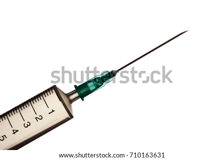 Medical Syringe needle isolated on white, macro.