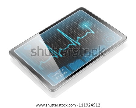 Medical tablet showing cardiogram on display, isolated on white background with reflection.