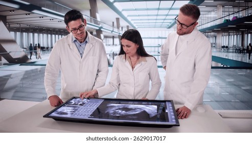 Medical Team Consulting Ultrasound Report Of Pregnant Patient In Hospital.
