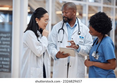Medical, team and doctor planning research in a hospital and talking about results as teamwork communication. Discussion, healthcare and professional group speaking about medicine strategy in clinic - Powered by Shutterstock