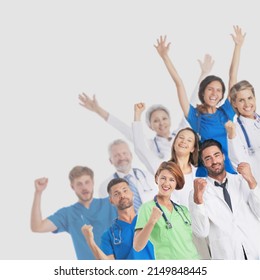 Medical Team Of Male And Female Doctors And Nurses Celebrating With Arms Raised Isolated On Gray Background Corner Frame Design Element Copy Space For Text