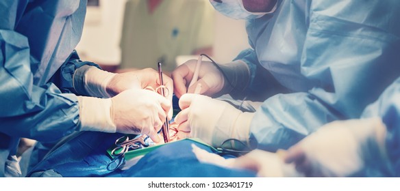 Medical team of surgeons in hospital doing minimal invasive surgical interventions. Surgery operating room with electrocautery equipment for cardiovascular emergency surgery center. - Shutterstock ID 1023401719