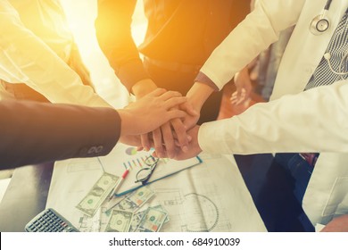 Medical Teamwork Concept,Doctor Business Partner Team Standing Hands Together In The Loft Hospital Office.people Joining For Cooperation Success Medical Business,win In Every Thing,vintage Color