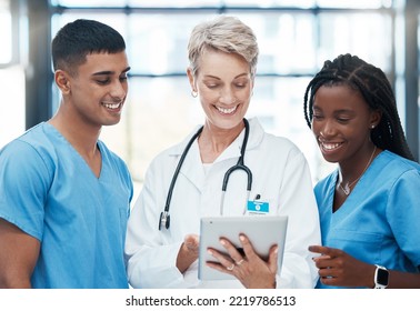 Medical Teamwork, Digital Tablet And Collaboration Of Doctors, Nurse And Surgeon Planning Research, Medicine And Analytics In Hospital. Happy Diversity Group Of Healthcare Employees Consulting Online