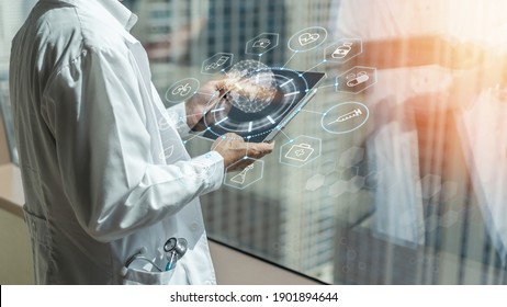 Medical Tech Research, Innovative Iot Global Healthcare Ai Technology With Telehealth, Telemedicine Service Concept With Doctor Analyzing Online On EHR, EMR Big Data  Patient Health Record In Hospital