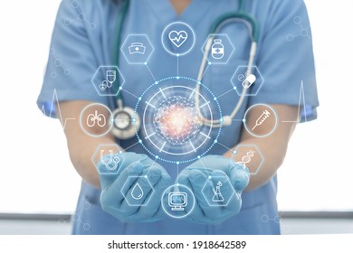 Medical Tech Science, Ai Health Technology With Surgical Doctor On Telehealth, Telemedicine And Iot Global Healthcare Service Analyzing Online Patient Health Record Information Data In Hospital Lab