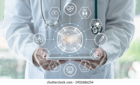 Medical tech science, innovative iot global healthcare ai technology, World health day with doctor on telehealth, telemedicine service analyzing online on EHR, EMR patient digita data on tablet in lab