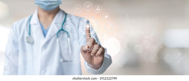 Medical Tech Science, Innovative Iot Global Healthcare Ai Technology With Doctor On Telehealth, Telemedicine Service Analyzing Online Patient Health Record Information Data In Hospital Lab Background