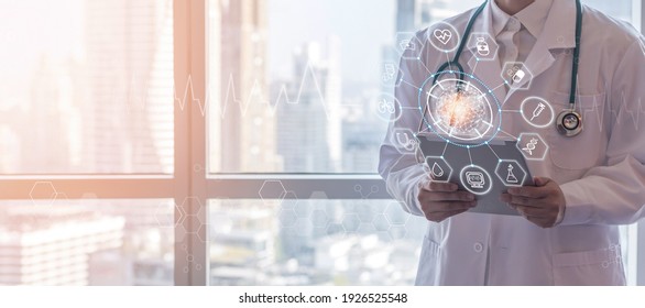 Medical Tech Science, Innovative Iot Global Healthcare Ai Technology With Doctor On Telehealth, Telemedicine Service Analyzing Online Patient Health Record Information Data In Hospital Lab Background