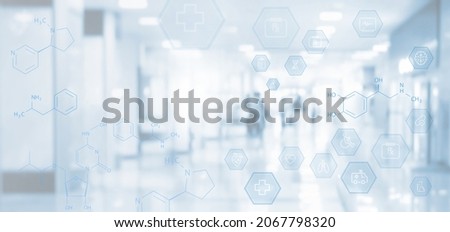 Medical technology background, medicine and healthcare concept. Health icons and chemical formulars on virtual screen with blurred hospital interior as background