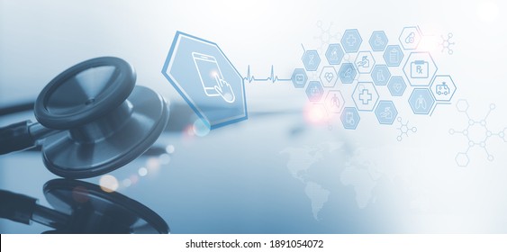 Medical technology background, telemedicine virtual hospital, online medical concept. Patient connecting online doctor via smart phone with medical icons network connection on virtual screen interface