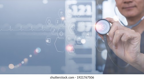 Medical Technology Background, Virtual Hospital, Smart Health, Telemedicine Concept. Doctor With Stethoscope Touching On Medical Technology Icons On Modern Virtual Screen, Vital Signs Monitor Data 