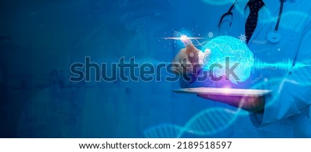 medical technology and brain research science concept. doctor using digital tablet with brain interface with blue background. Medicine doctor touching electronic medical record on tablet.