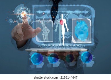 Medical technology concept. Electronic medical record. Doctor holding hand on start button if futuristic screen, futuristic medical technology, human anatomy scan and x-ray image
