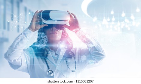 Medical technology concept. Mixed media. Female doctor wearing virtual reality glasses. Checking brain testing result with simulator interface, Innovative technology in science and medicine.
 - Powered by Shutterstock