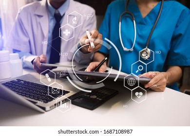 Medical Technology Concept,smart Doctor Hand Working With Modern Laptop Computer With Virtual Icon Diagram