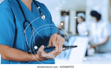 Medical Technology Concept.Smart Doctor Using Digital Tablet Computer Find Information Patient Medical At The Hospital With VR Icon Diagram