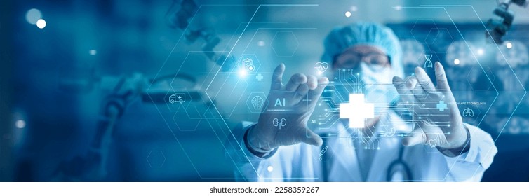 Medical technology, doctor use AI robots for diagnosis, care, and increasing accuracy patient treatment in future. Medical research and development innovation technology to improve patient health. - Shutterstock ID 2258359267