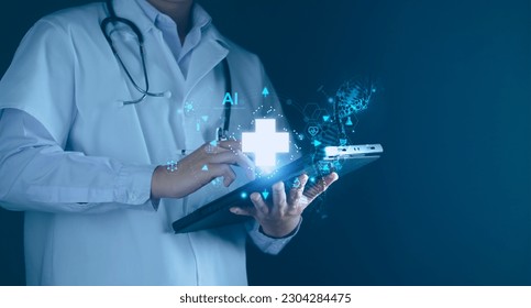Medical technology, doctor use AI robots for diagnosis, care, and increasing accuracy patient treatment in future. Medical research and development innovation technology to improve patient health. - Shutterstock ID 2304284475