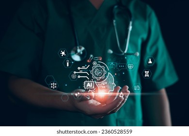 Medical technology, doctor use AI robots for diagnosis, care, and increasing accuracy patient treatment in future. Medical research and development innovation technology to improve patient health.