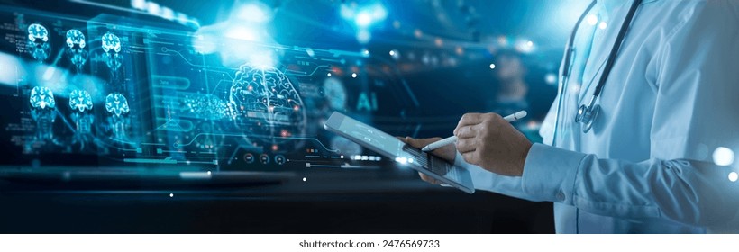 Medical technology, Doctor use intelligence software of AI for diagnosis brain increasing accuracy patient treatment, Research and Medical development technology to improve patient health in future. - Powered by Shutterstock