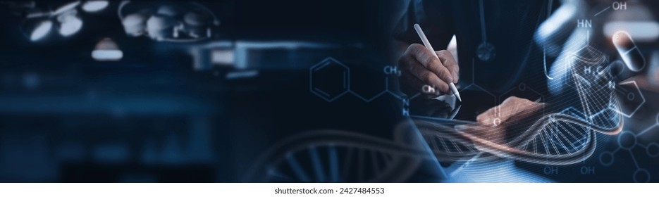 Medical Technology. Doctor using digital tablet with DNA genetics medical research, science and experiment,  Healthcare and medicine concept, innovation health technology, global health care - Powered by Shutterstock